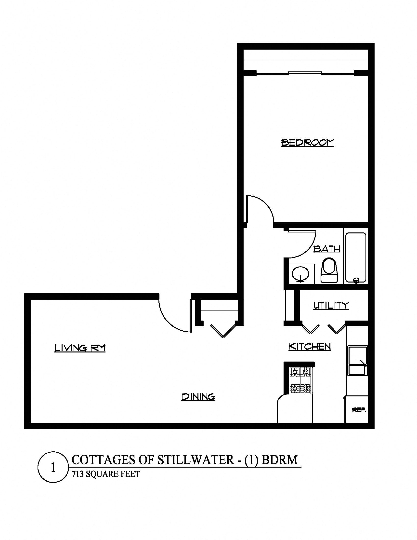 Floor plan for 1 bed, 1 bath, 693 sqft